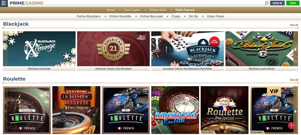 Prime casino table games